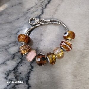 8 silver metal center glass beads for pandora type bracelets orange set